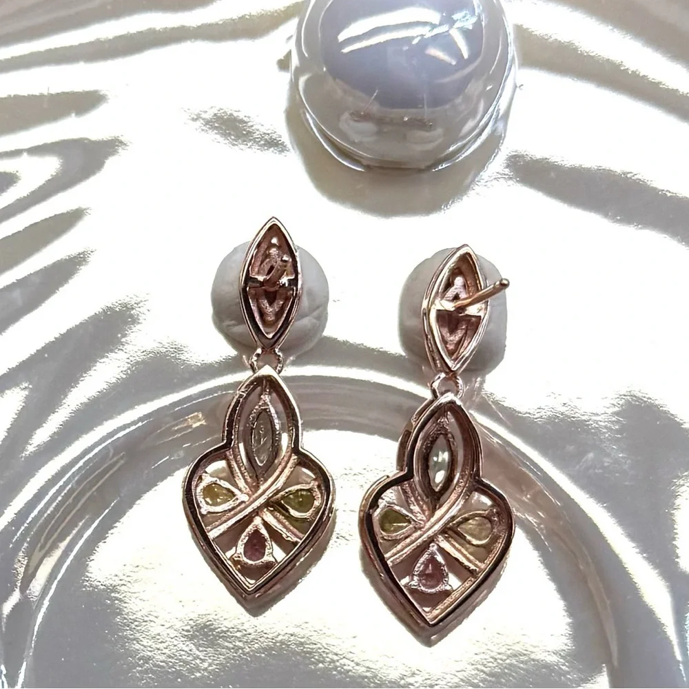 ETR2 2CT Natural Rainbow Tourmaline ART DECO HEART Earrings 18K Rose Gold S925
